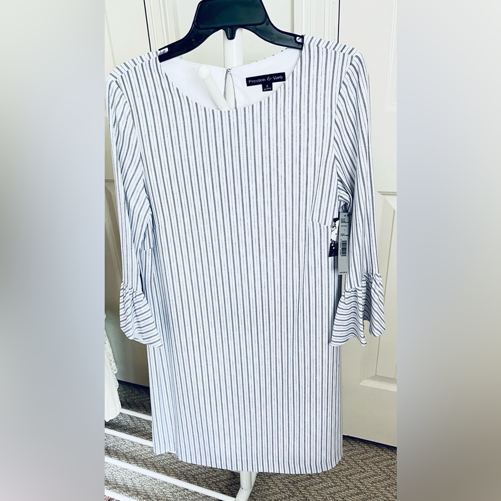 Preston & York Dress 8 Ladies White Black striped 3/4 ruff sleeve round neck